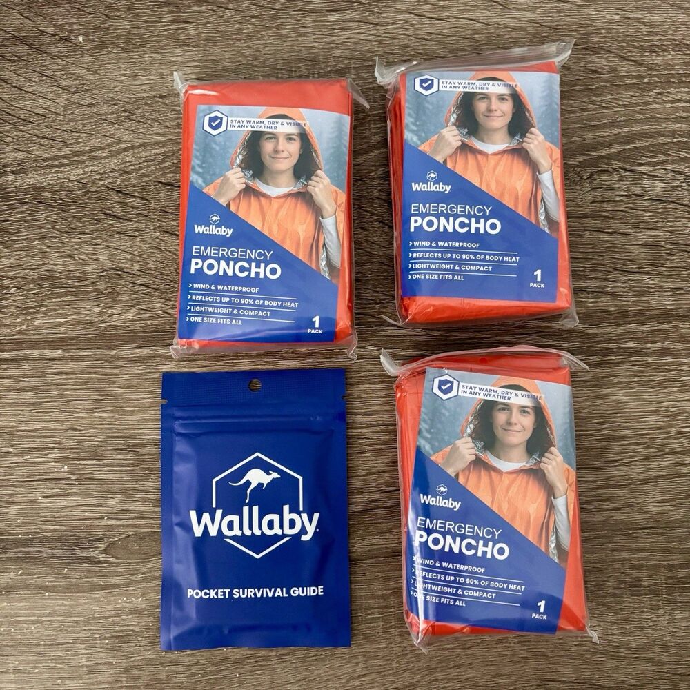 NEW: 3 Pack Wallaby Mylar Rain Ponchos & Survival Guide, Orange Reflective